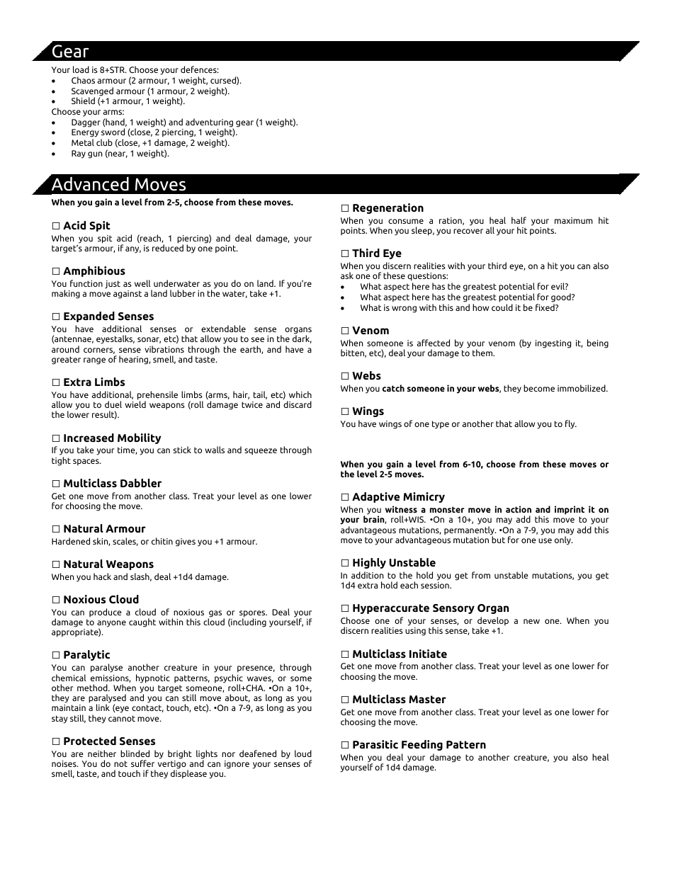 Dungeon Planet Character Sheets, Page 6