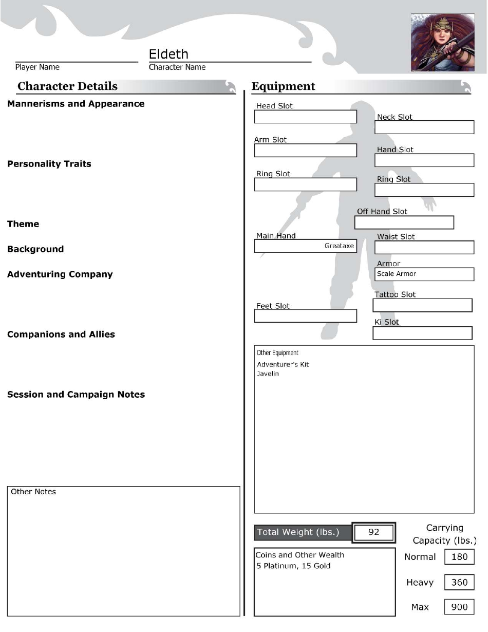 Dd Dwarf Slayer Character Sheet, Page 3