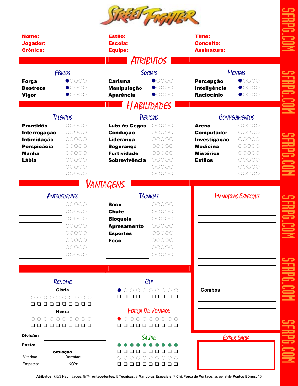 Street Fighter Role Playing Game Character Sheet (Portuguese) Preview