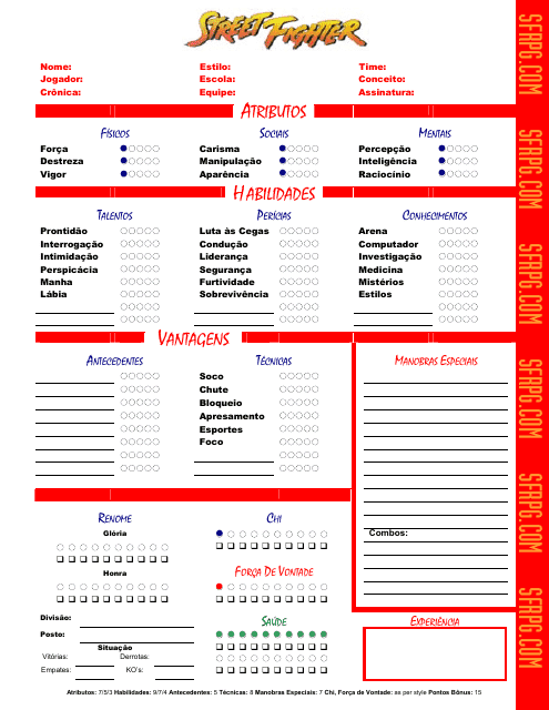 Street Fighter Role Playing Game Character Sheet (Portuguese)