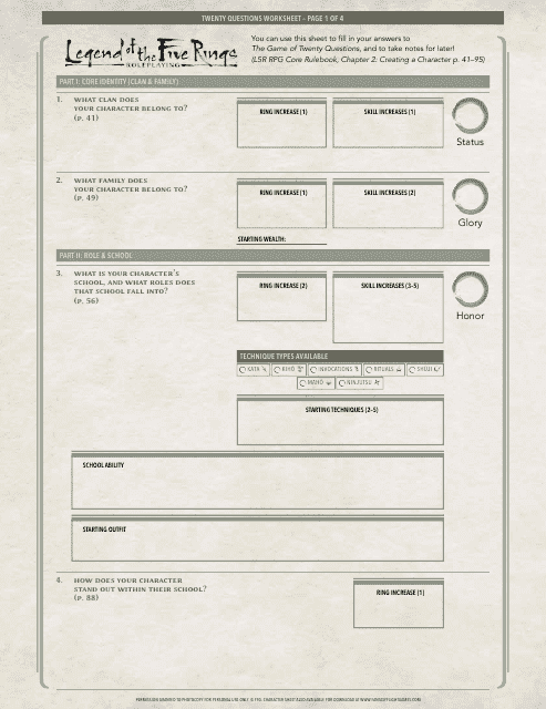 Legend of the Five Rings Character Sheet - Twenty Questions Worksheet preview image