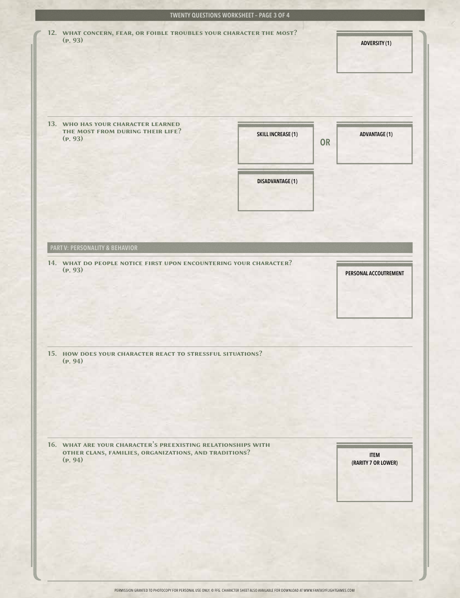 Legend of the Five Rings Character Sheet - Twenty Questions Worksheet, Page 3