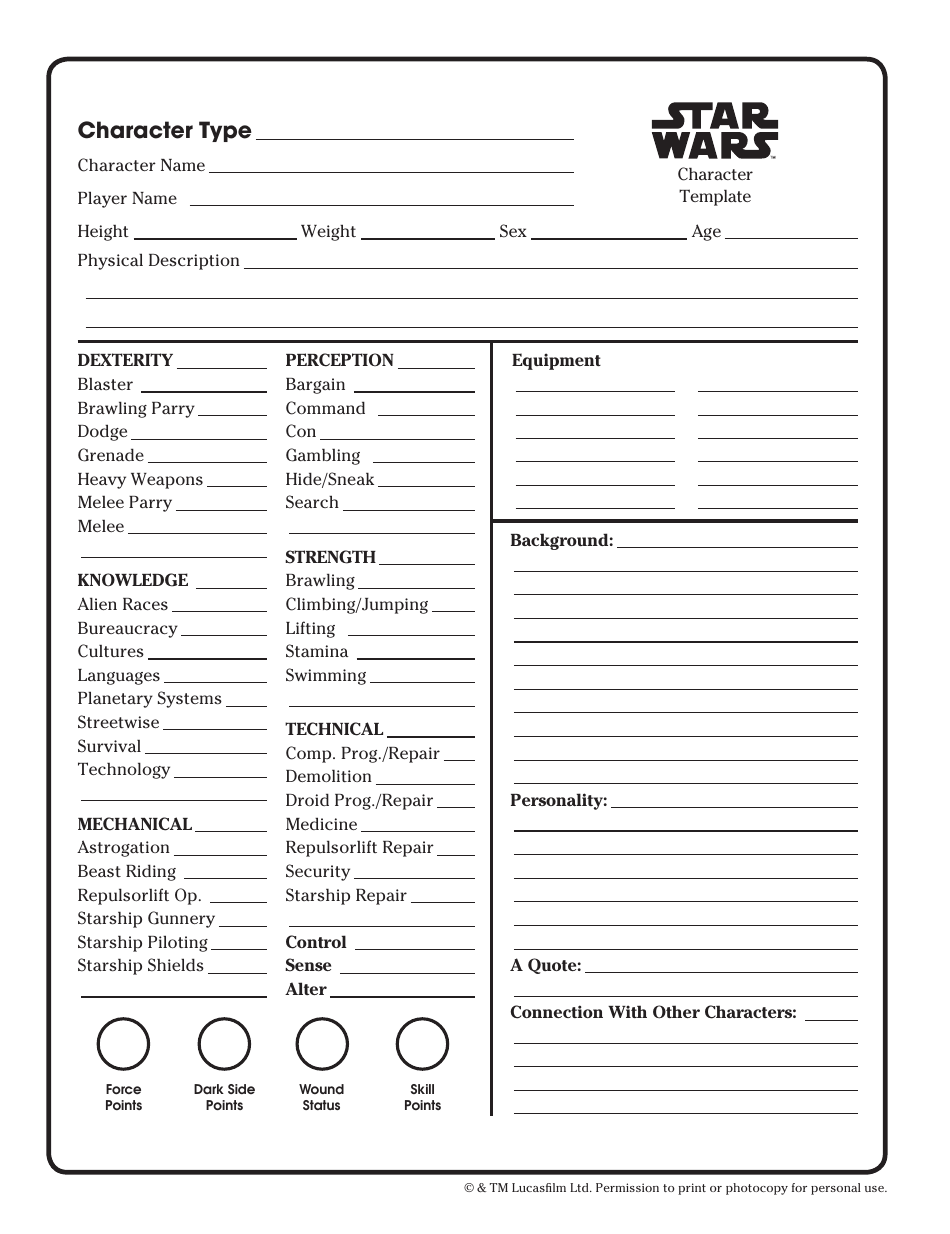 Star Wars Roleplaying Game Character Template