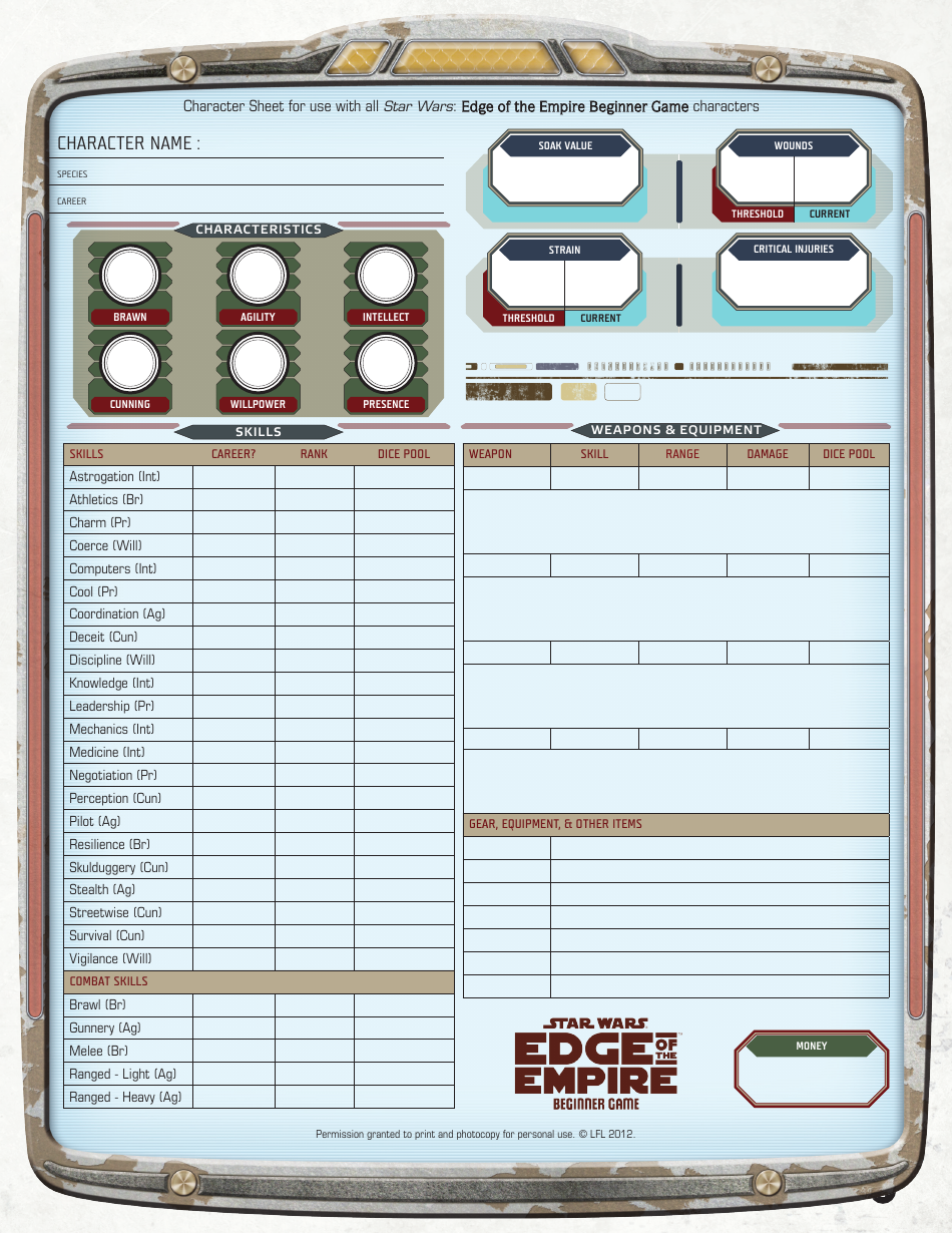 Star Wars Edge of the Empire Character Sheet - Beginner Game, Updated
