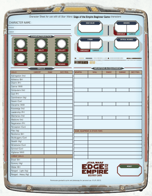 Star Wars Edge of the Empire Character Sheet - Beginner Game