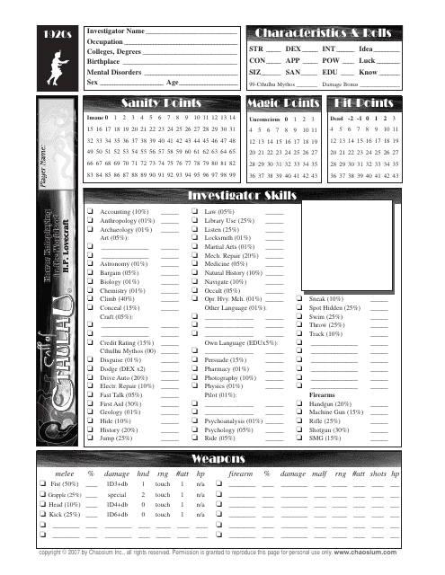 Call of Cthulhu 1920s Character Sheet