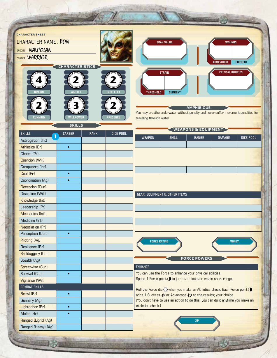 Star Wars Age of Rebellion Warrior Pon Character Sheet, Page 6