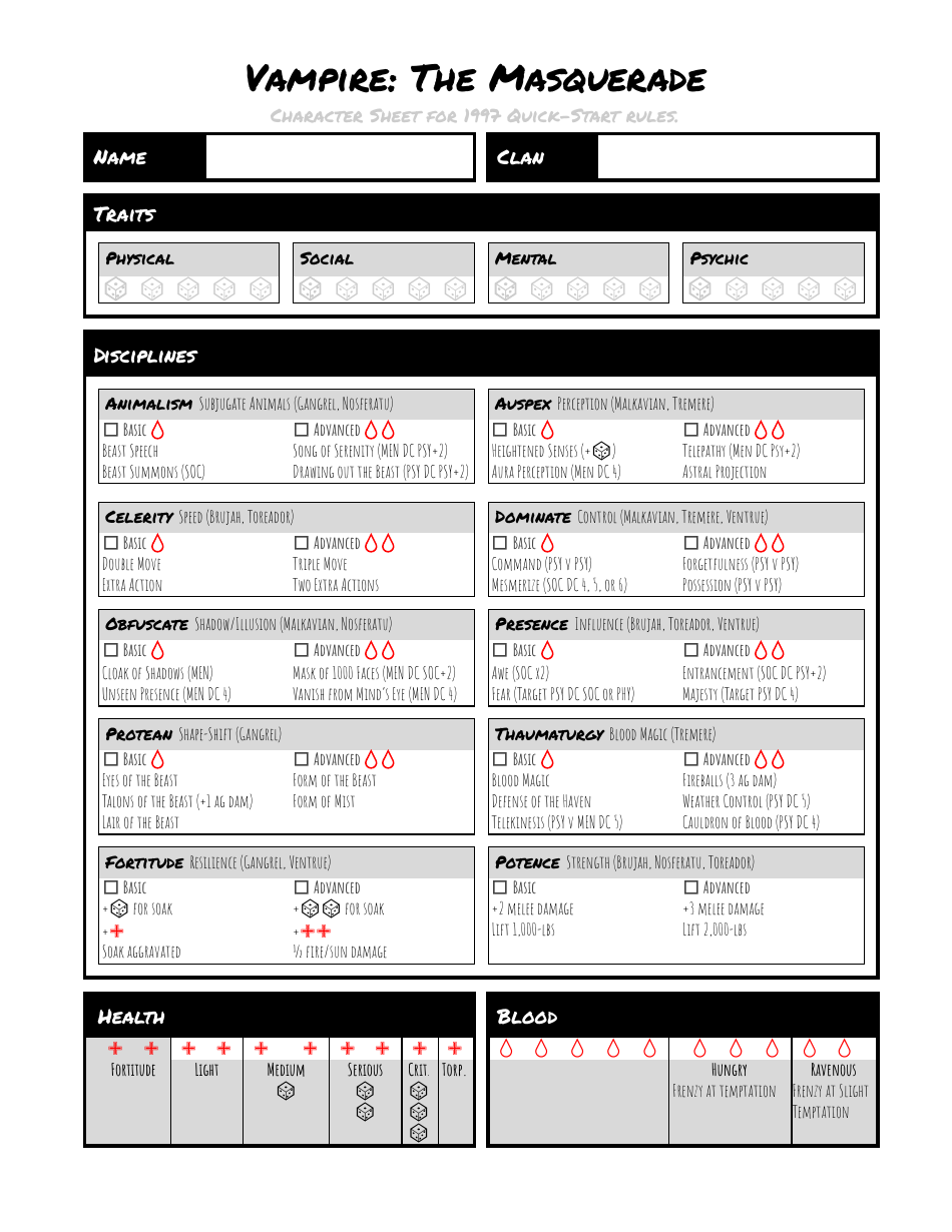 Vampire: the Masquerade Character Sheet for 1997 Quick-Start Rules