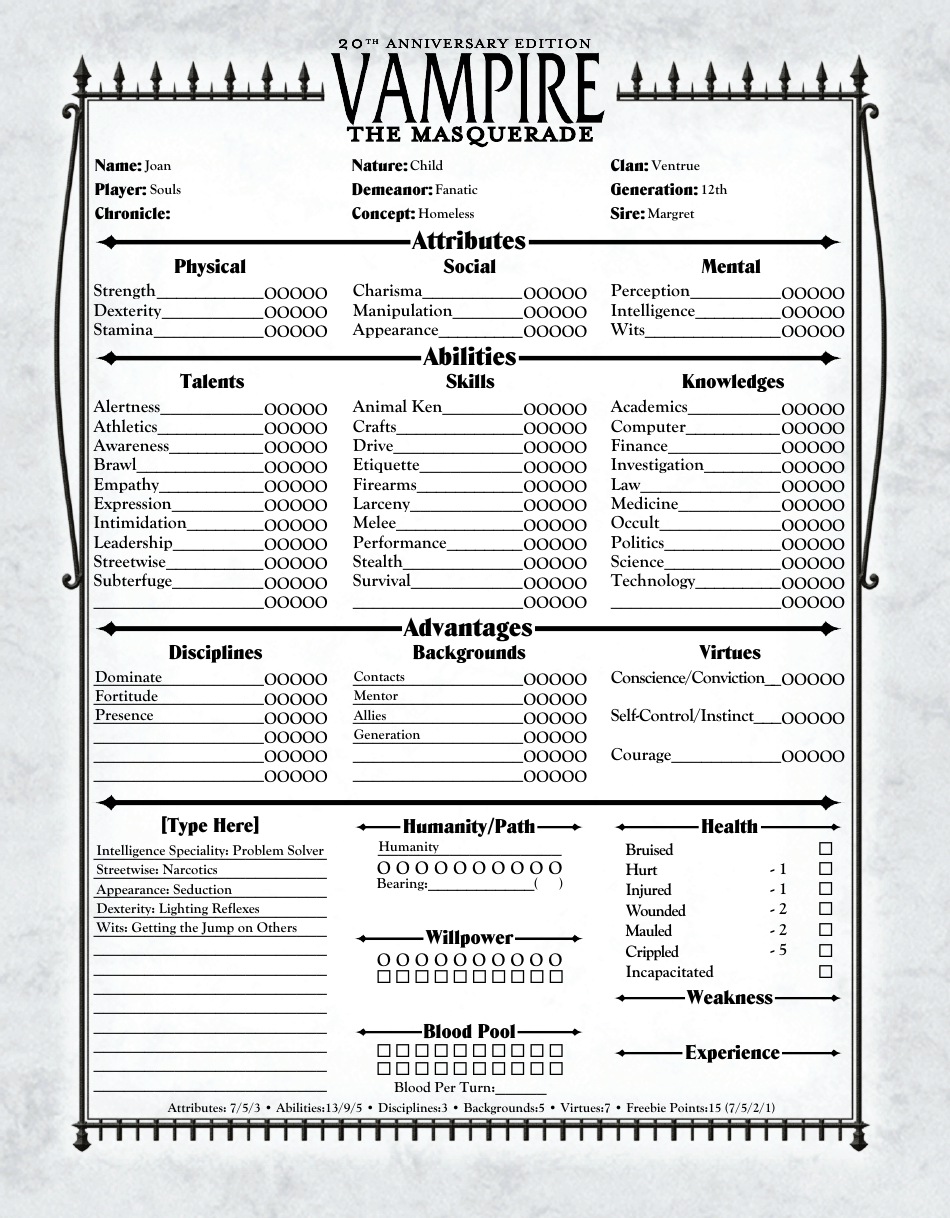 Vampire The Masquerade Character Sheet - Fill and Sign Printable