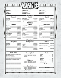 Document preview: Vampire the Masquerade 20th Anniversary Edition Character Sheet