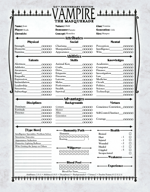 Vampire the Masquerade 20th Anniversary Edition Character Sheet - Image preview
