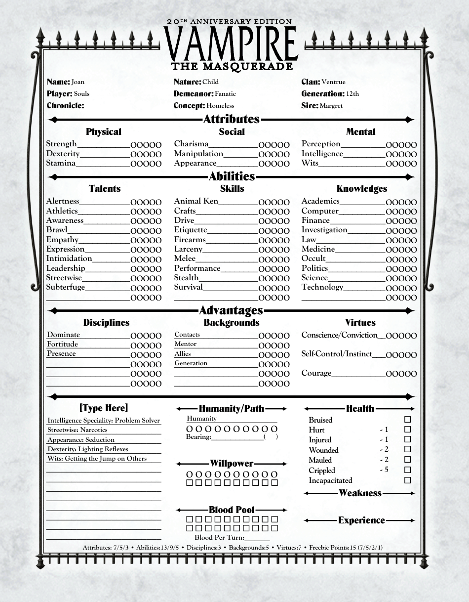 Vampire the Masquerade 20th Anniversary Edition Character Sheet ...