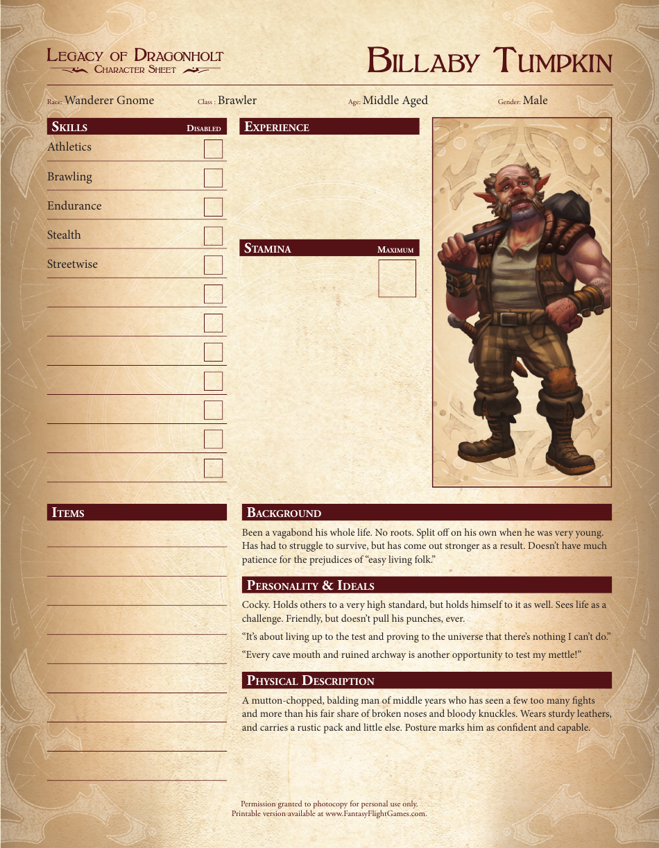 Legacy of Dragonholt Character Sheets, Page 3