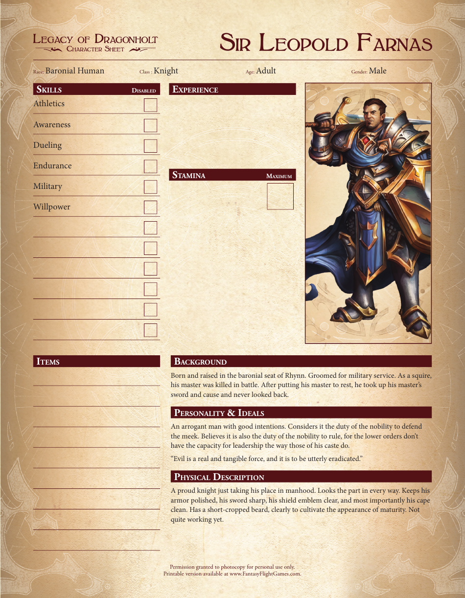 Legacy of Dragonholt Character Sheets, Page 4