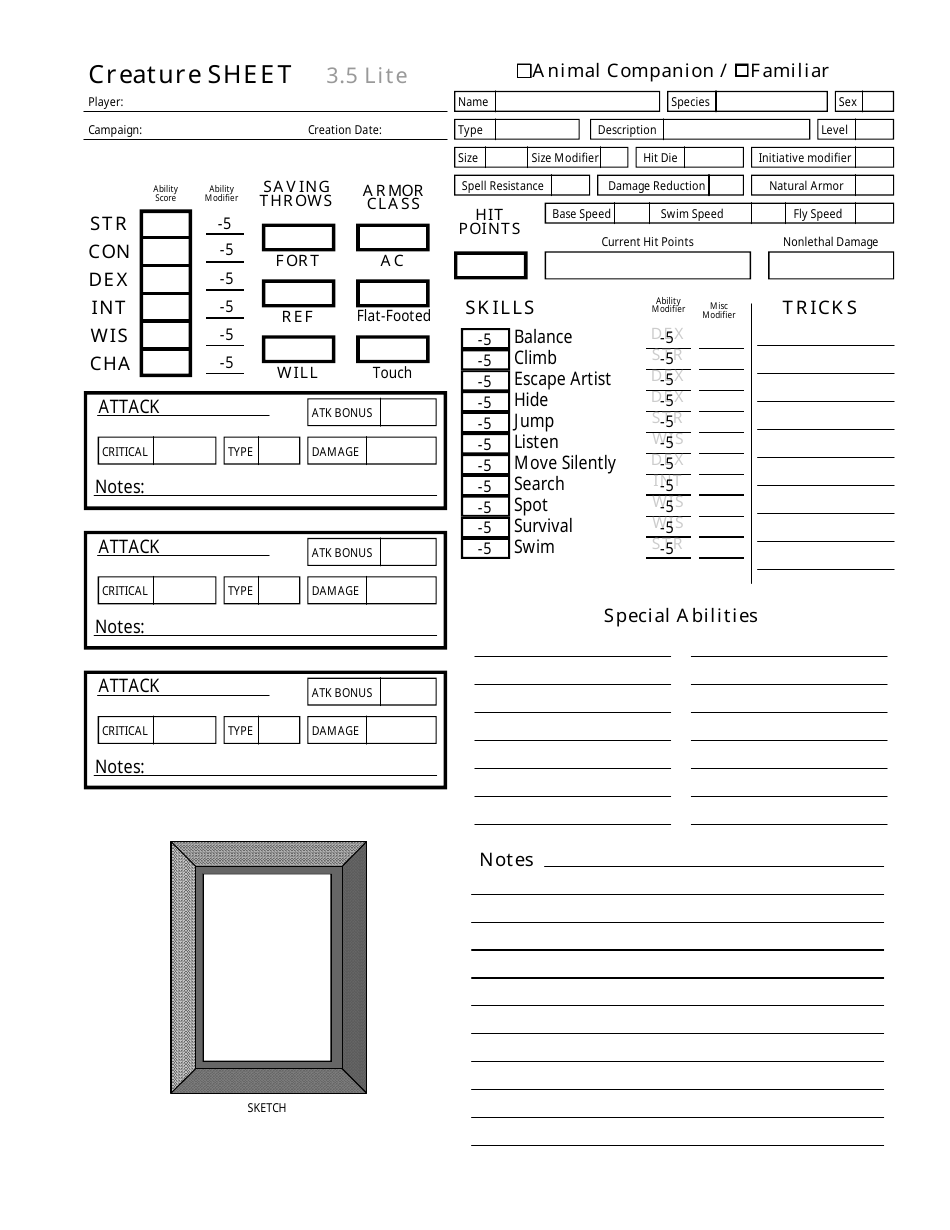 Pathfinder 3.5 Lite Creature Sheet Download Fillable PDF | Templateroller