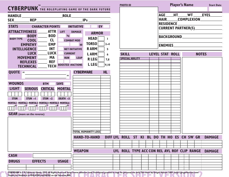 Cyberpunk Character Sheet - Purple Preview Image