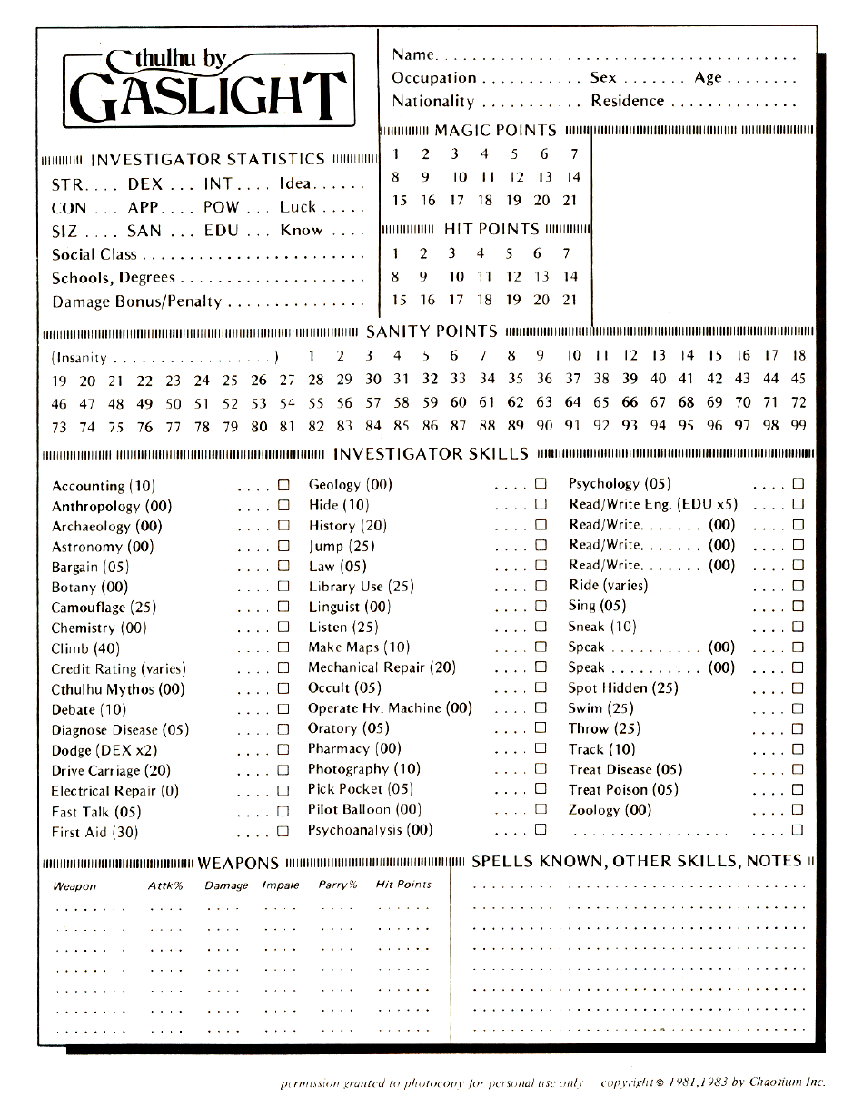 Cthulhu by Gaslight Character Sheet Download Printable PDF Templateroller