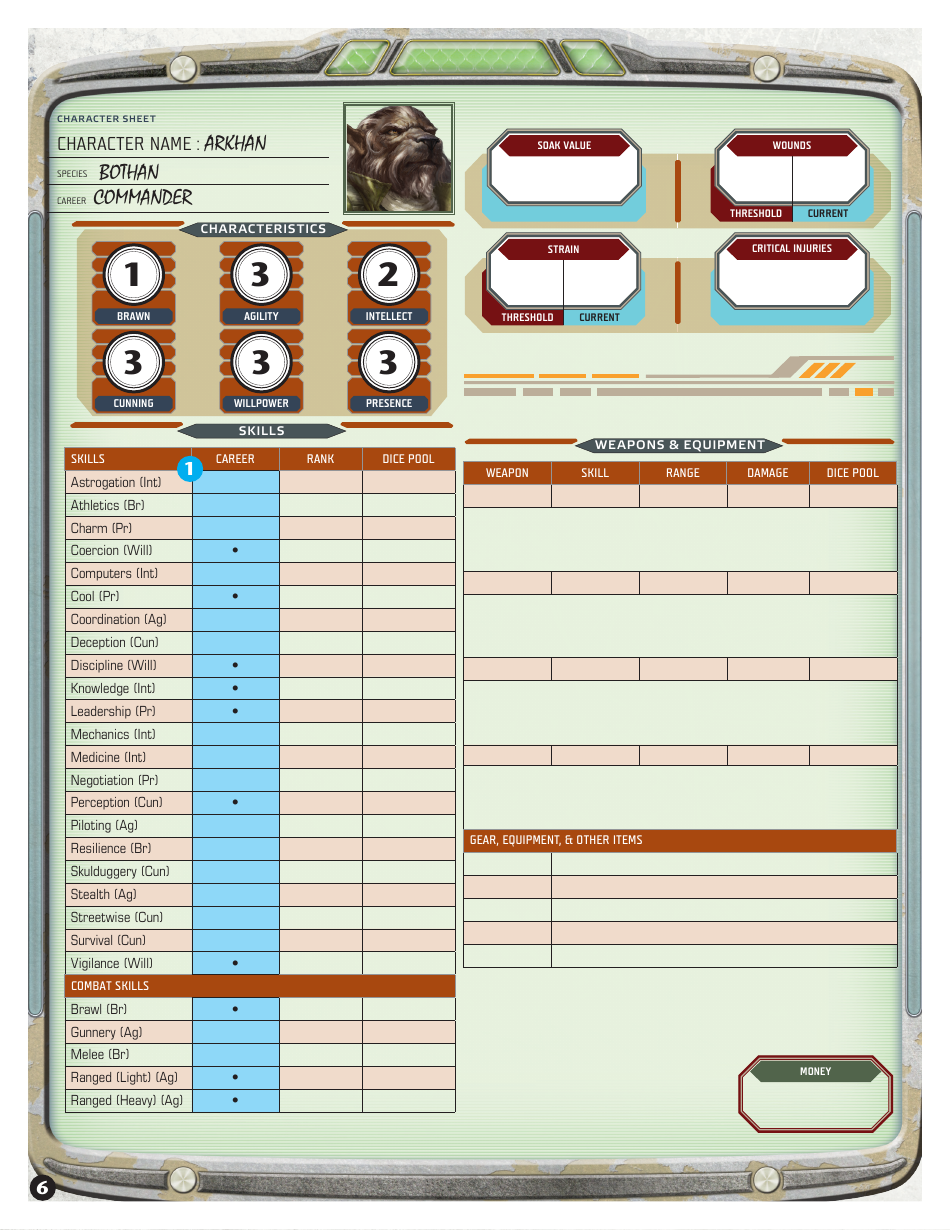 Star Wars Age of Rebellion Commander Arkhan Character Sheet, Page 6