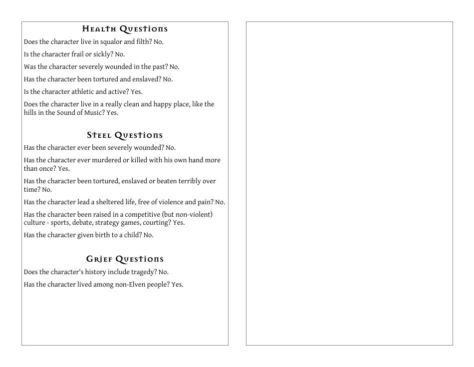 The Burning Wheel Elf Adventurer Character Sheet, Page 3