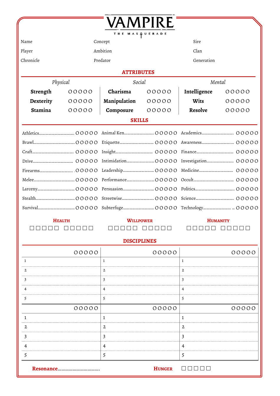 Vampire the Masquerade Simple Character Sheet - A convenient and user-friendly document for tracking your character's stats and abilities in the immersive world of Vampire the Masquerade. Easily manage your character's traits and progress in this tabletop role-playing game.