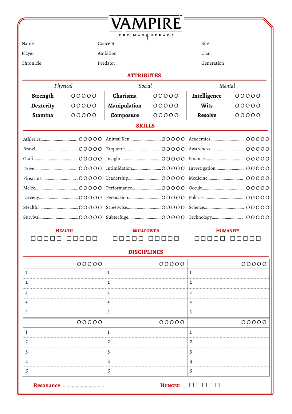 Vampire the Masquerade Simple Character Sheet Download Printable PDF