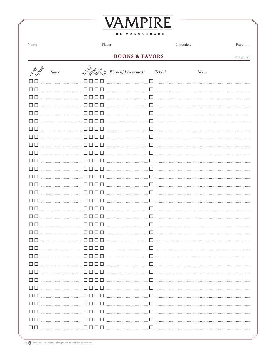 Vampire the Masquerade Official Character Sheet, Page 10