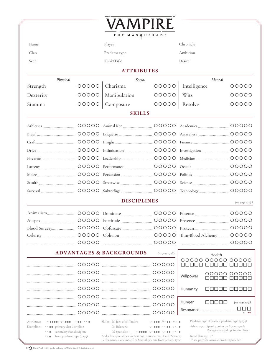 Vampire the Masquerade Official Character Sheet Preview