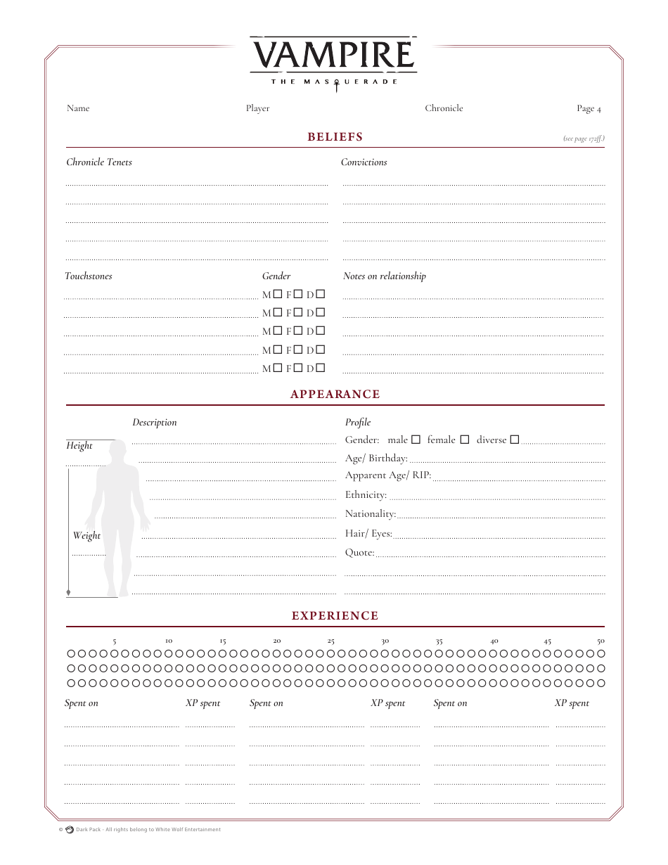 Vampire the Masquerade Official Character Sheet, Page 4