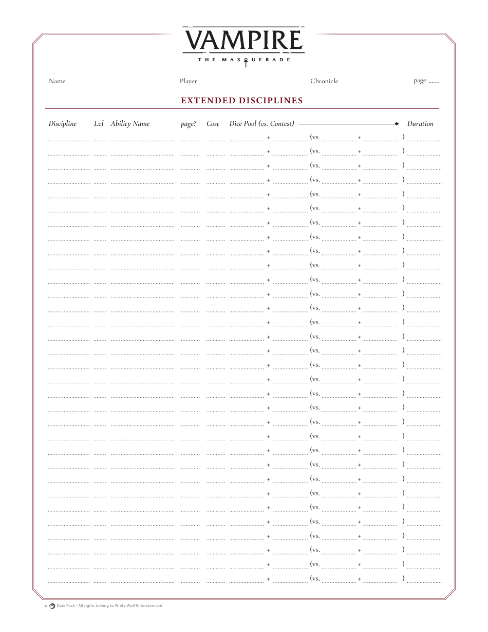 Vampire the Masquerade Official Character Sheet, Page 6