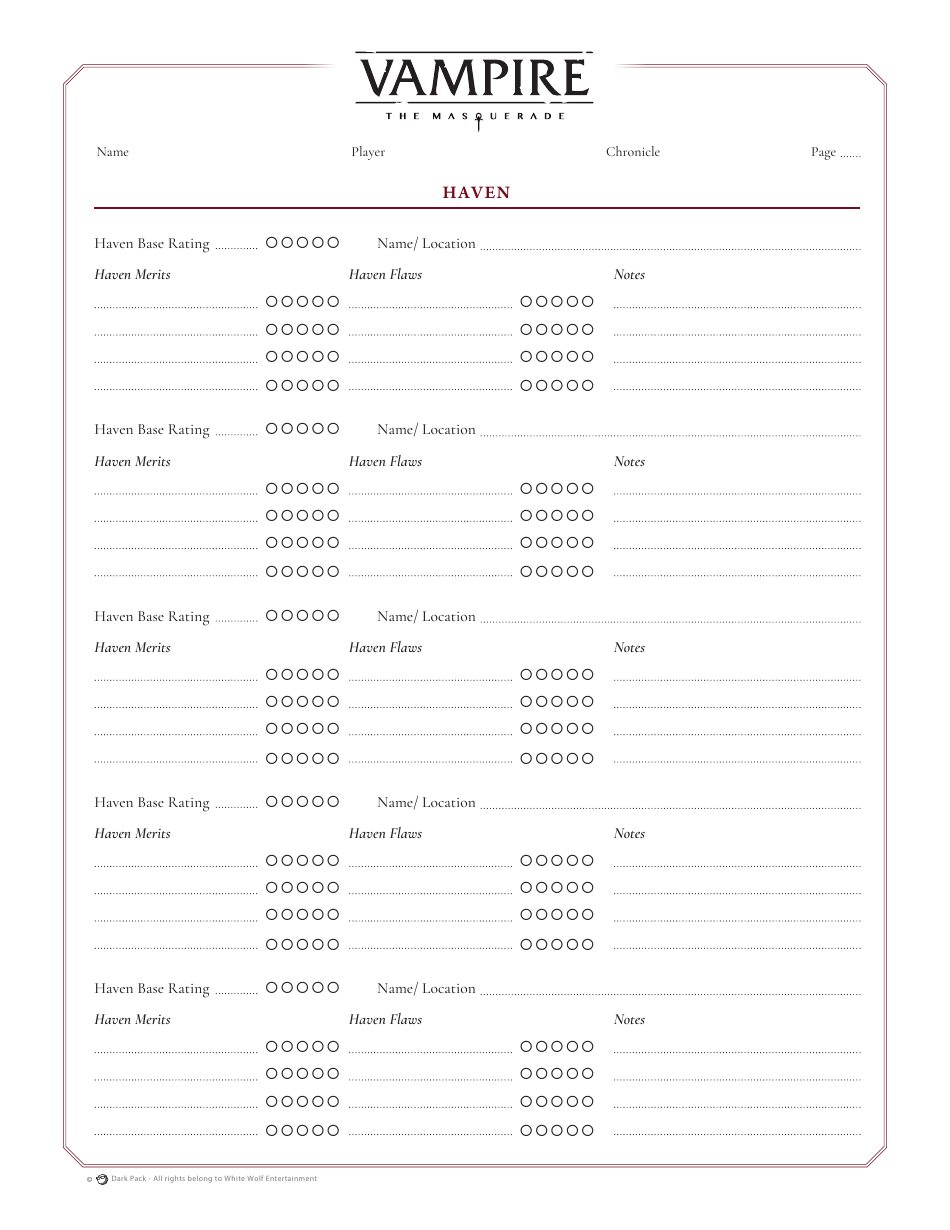 Vampire the Masquerade Official Character Sheet, Page 8