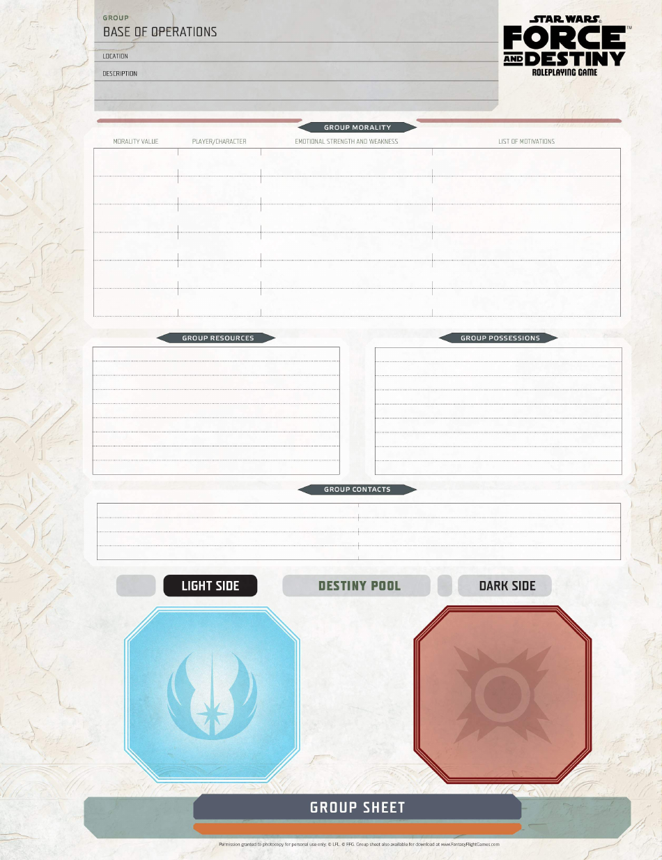 Star Wars Force and Destiny Group Sheet Template Preview