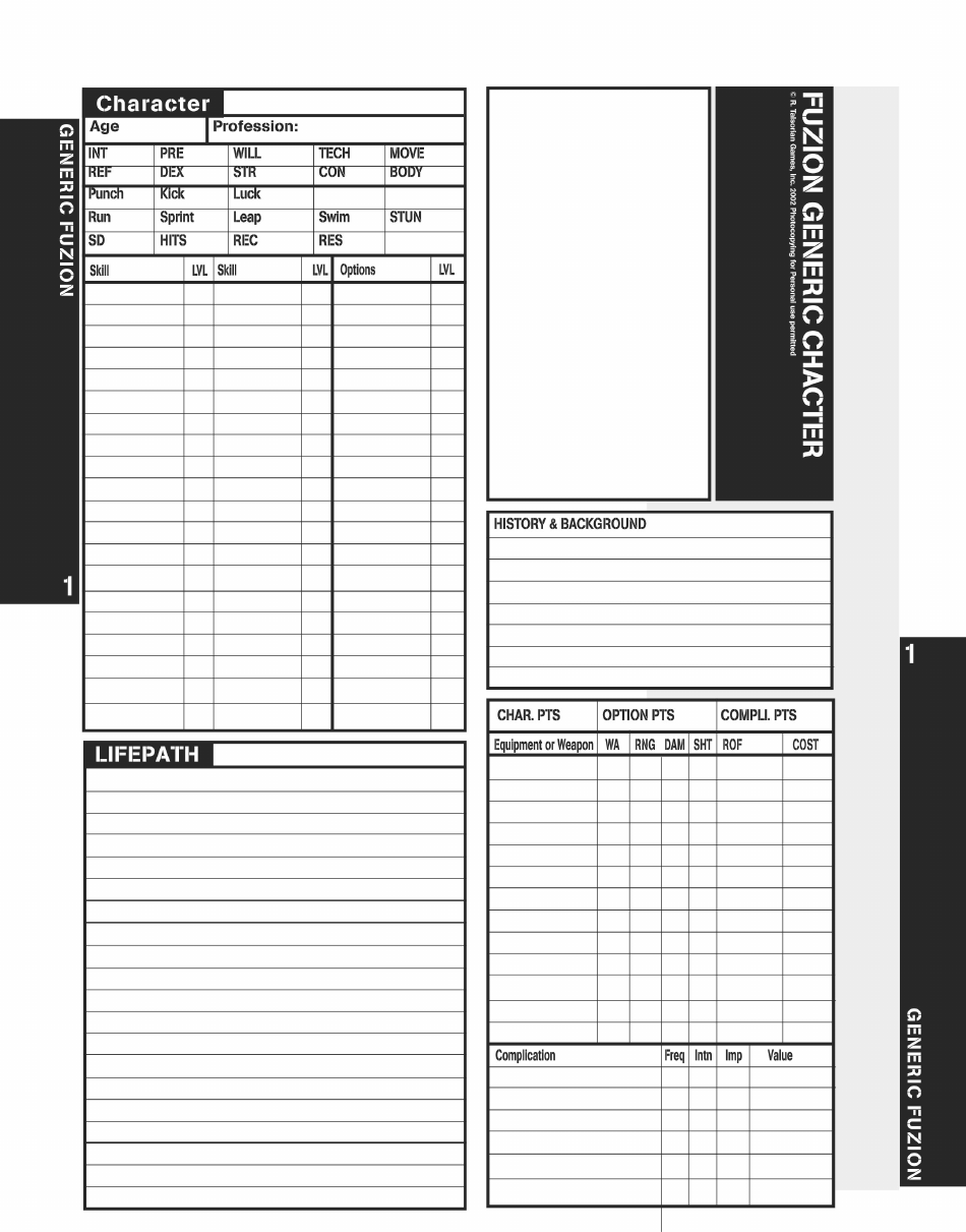 Fuzion Generic Character Sheet Preview