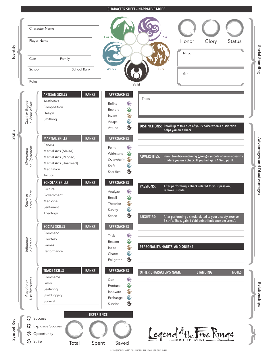 Legend of the Five Rings Character Sheet - Narrative Mode Template Preview