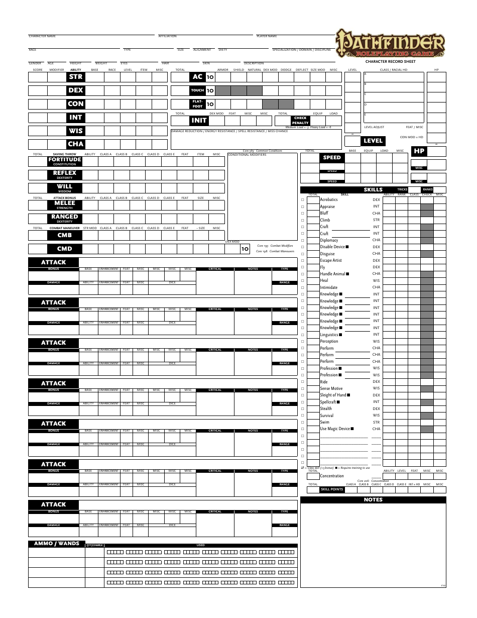 Pathfinder Character Record Sheet - customizable character record sheet for Pathfinder role-playing game