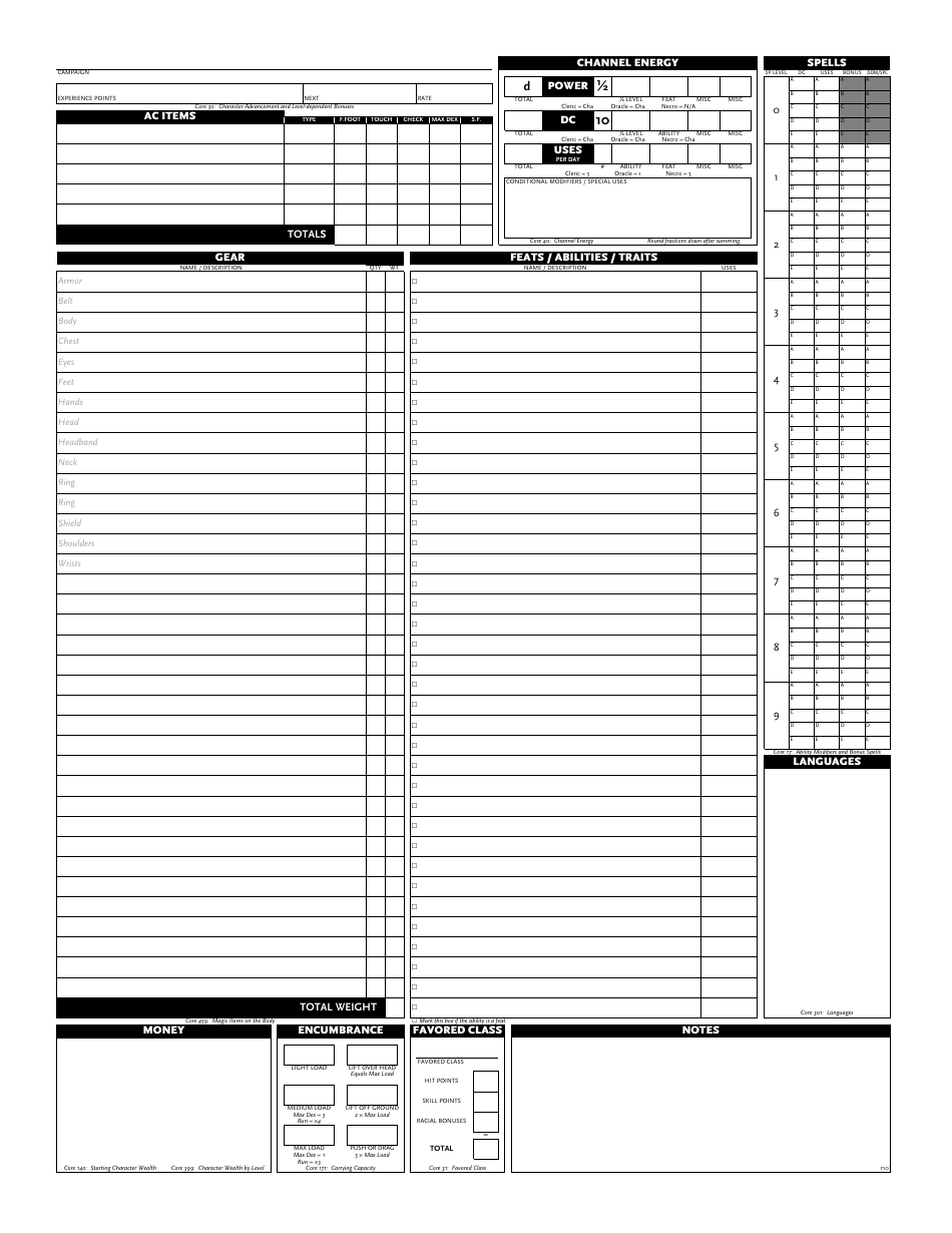 Pathfinder Character Record Sheet Download Printable PDF | Templateroller