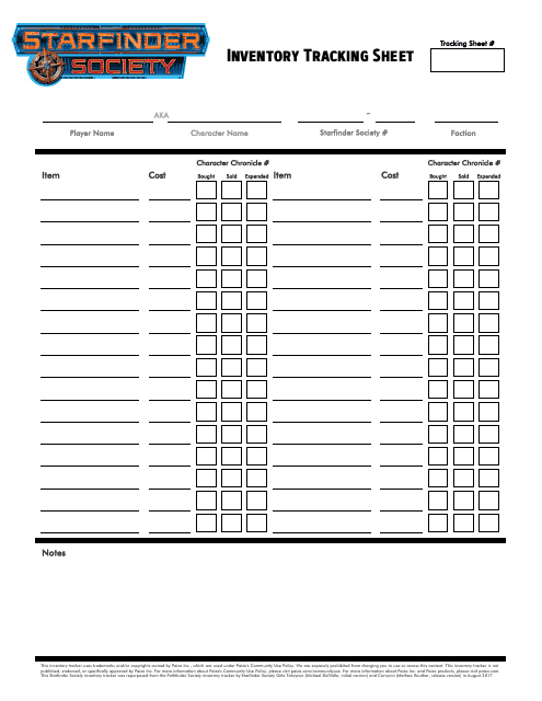 Starfinder Society Character Inventory Tracking Sheet - Track your character's inventory and equipment