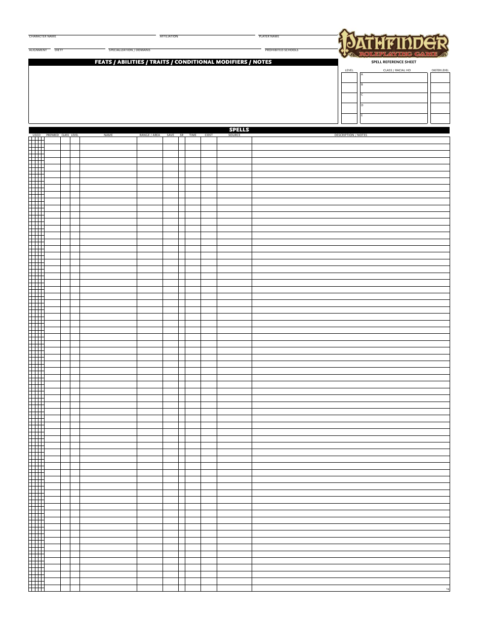 Pathfinder Spell Reference Sheet Download Printable PDF Templateroller