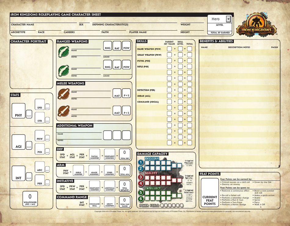 Iron Kingdoms Roleplaying Game Character Sheet Preview