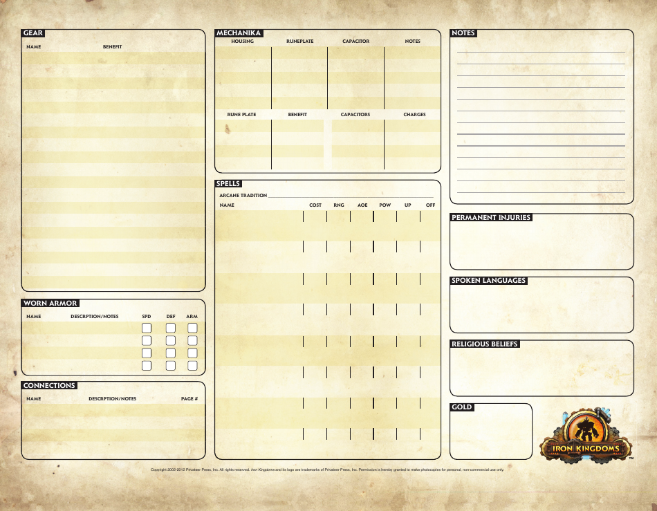 Iron Kingdoms Roleplaying Game Character Sheet Download Fillable PDF ...