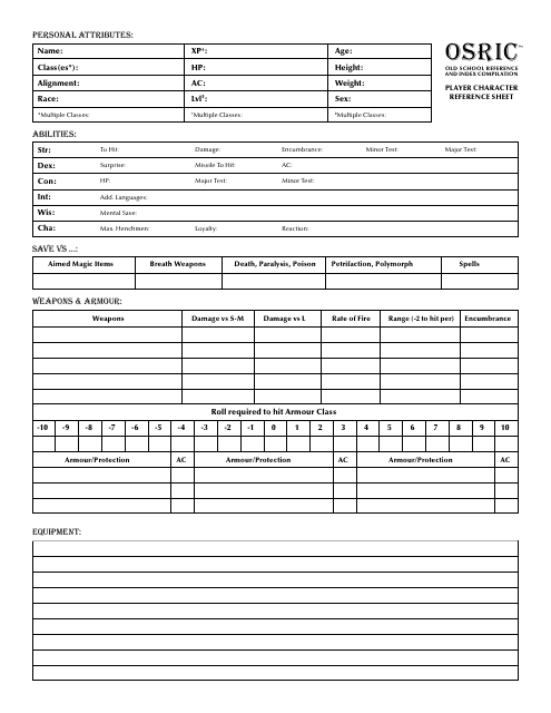 Dungeons & Dragons Osric Character Sheet