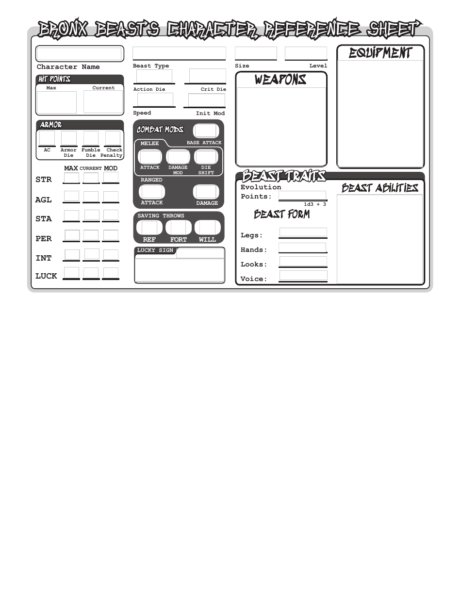 Bronx Beasts Character Sheet Preview