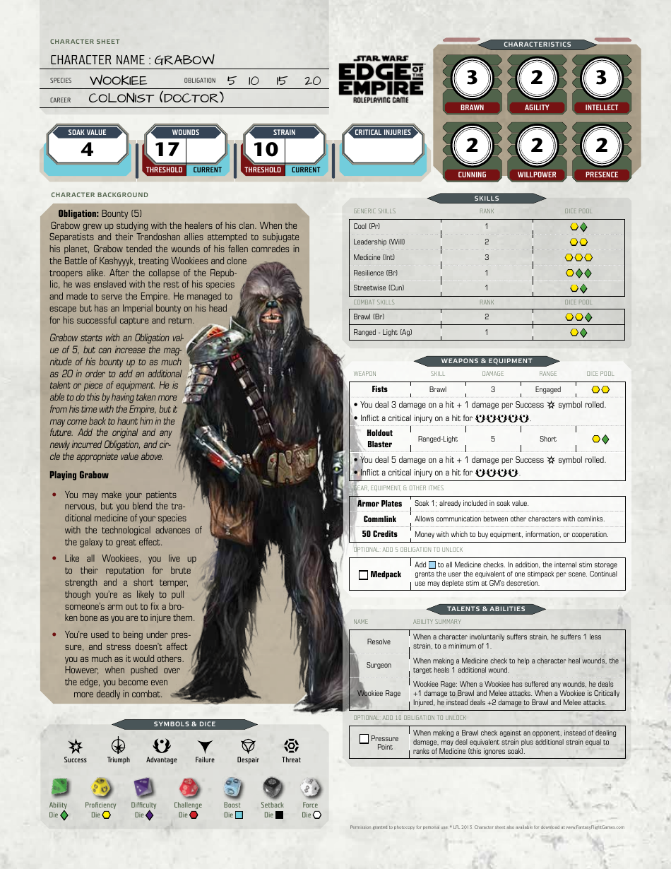 Star Wars Edge of the Empire Grabow Wookie Character Sheet Preview