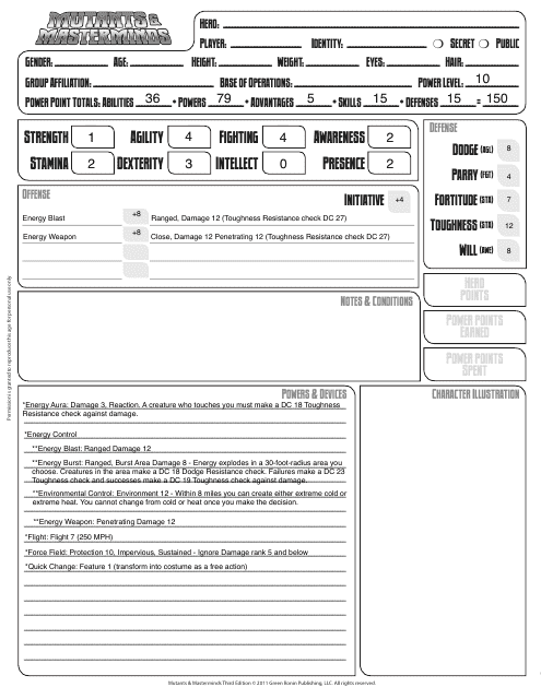 Mutants & Masterminds Energy Controller Character Sheet