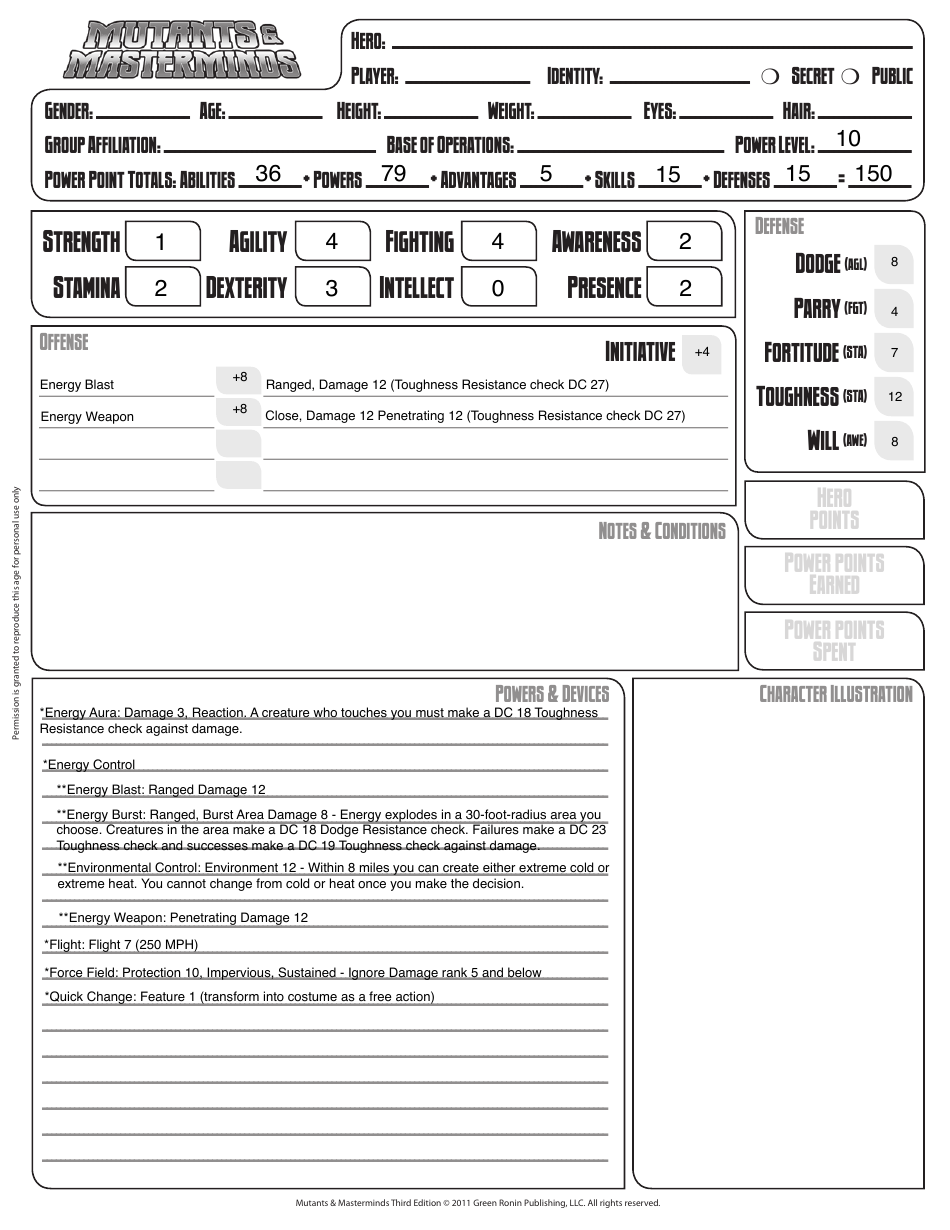 Mutants & Masterminds Energy Controller Character Sheet Preview