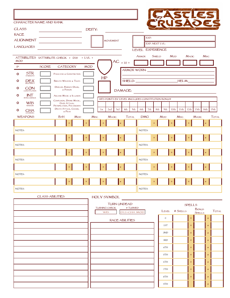 Castles & Crusades Official Character Sheet Preview Image