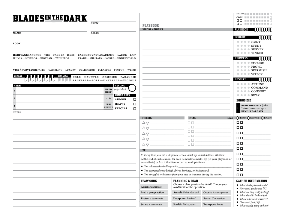 Blades in the Dark Character Sheets, Page 10