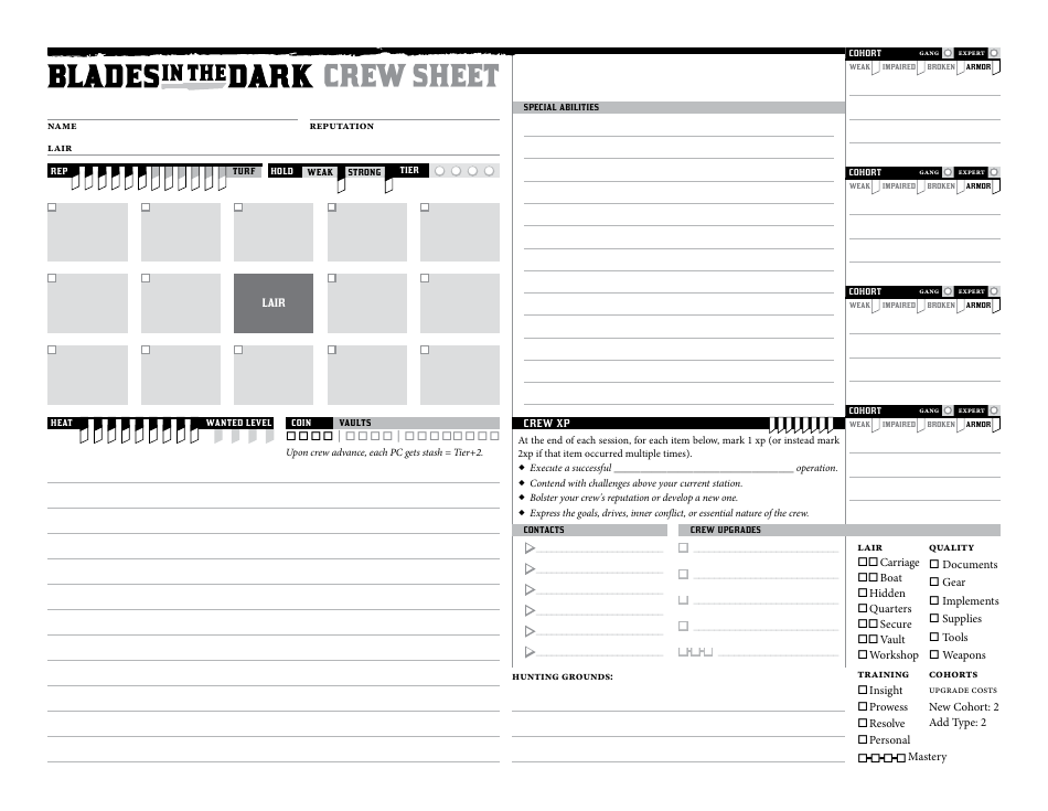 Blades in the Dark Character Sheets Download Printable PDF Templateroller