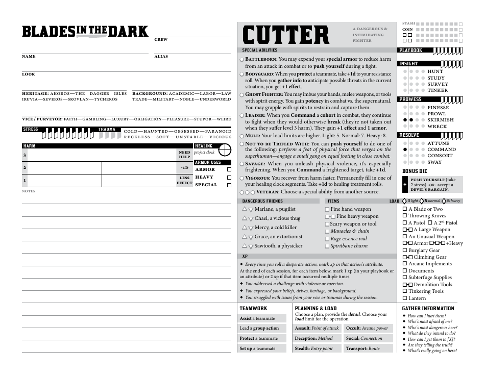Blades in the Dark Character Sheets, Page 3