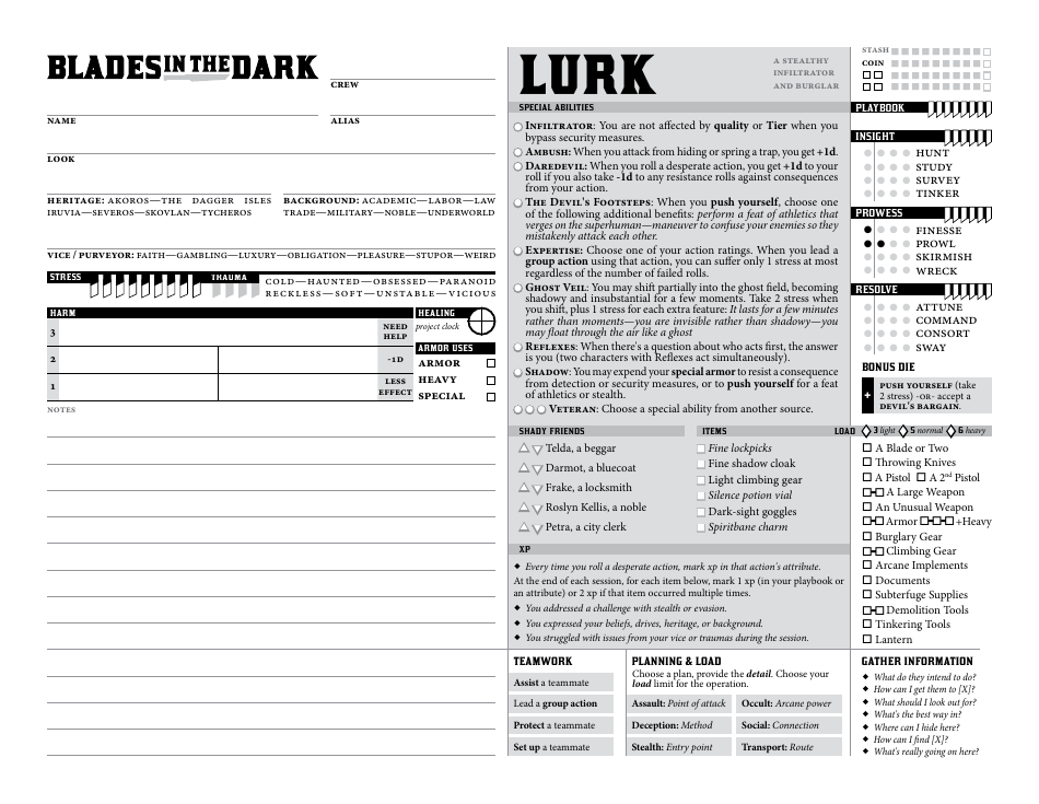 Blades in the Dark Character Sheets, Page 6