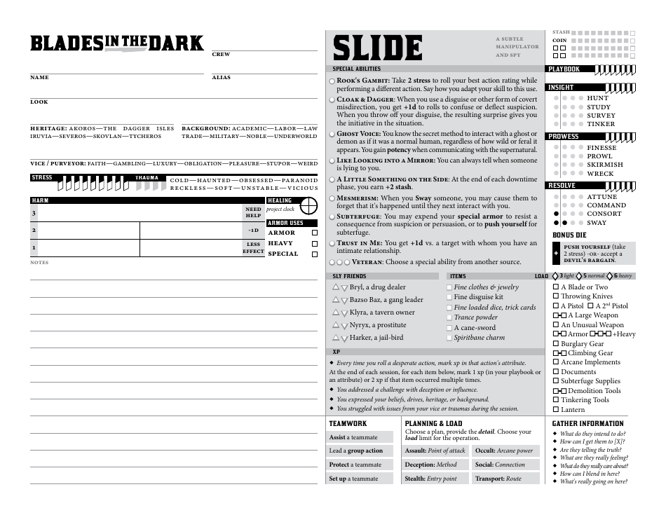 Blades in the Dark Character Sheets Download Printable PDF Templateroller
